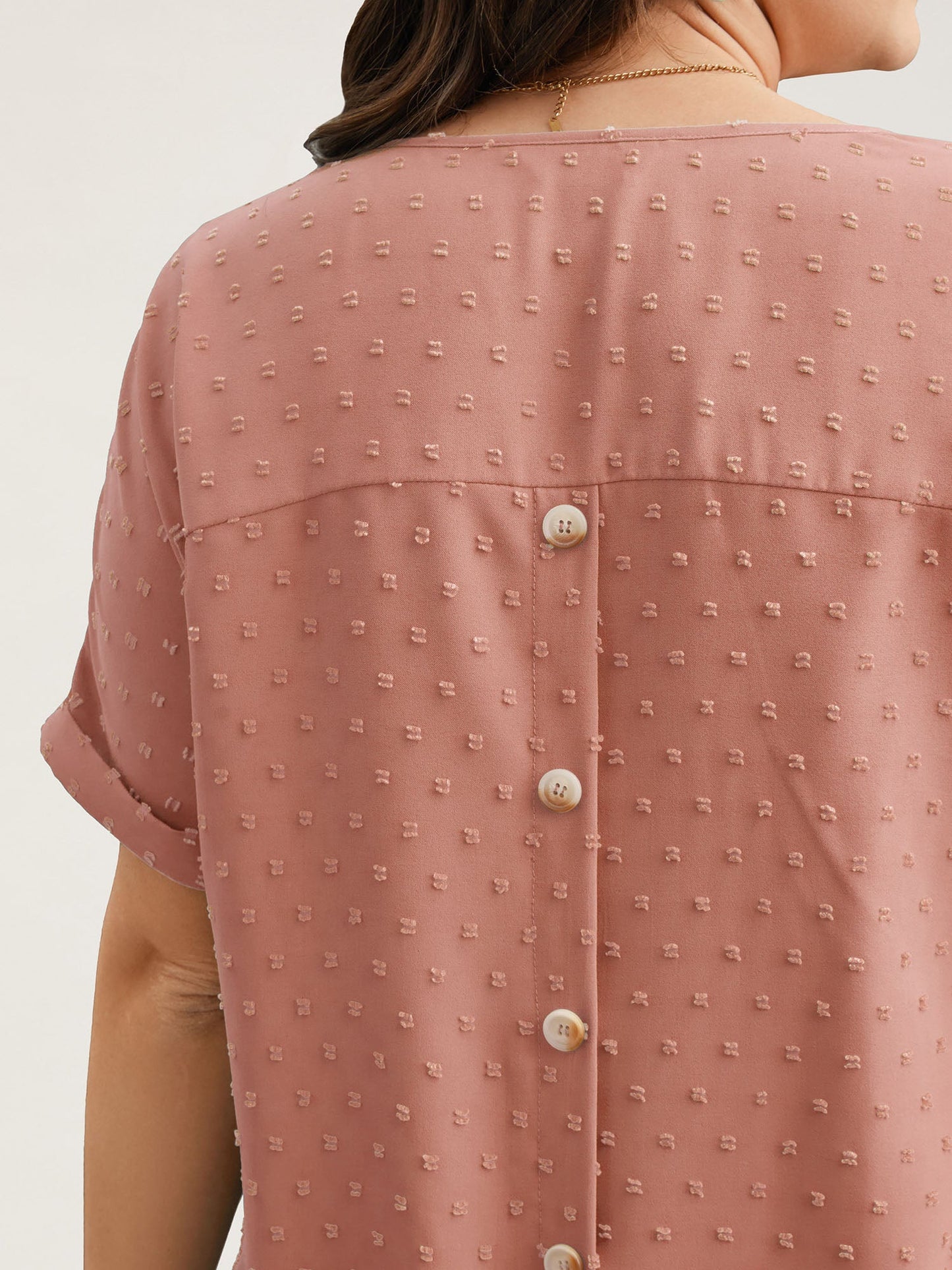 Back-Button Textured V-Neck Shirt