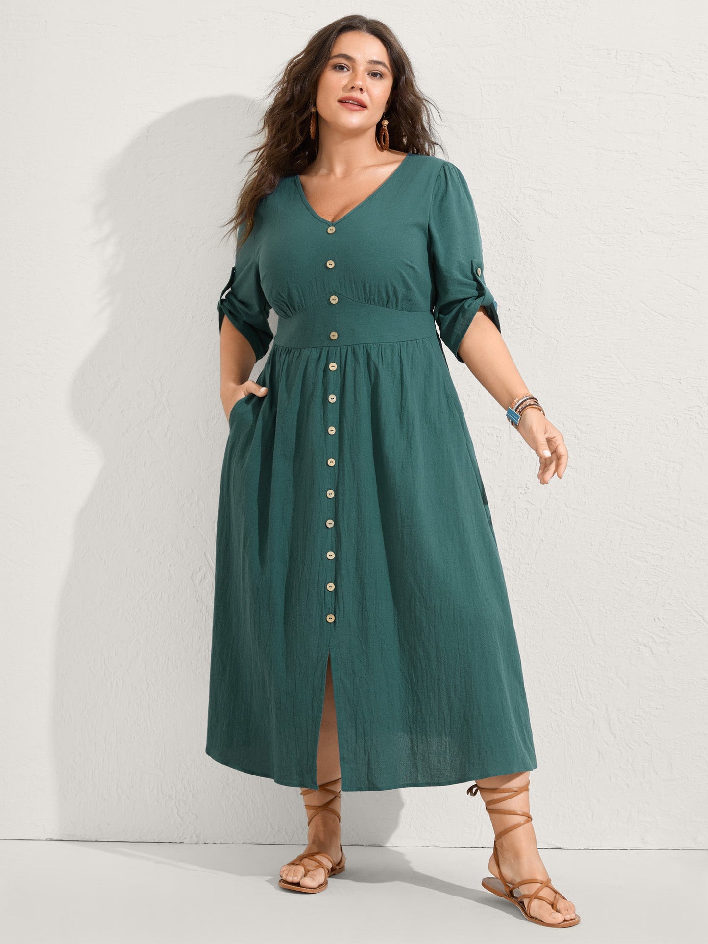 Pure Cotton Button Gathered Sleeve Midi Dress