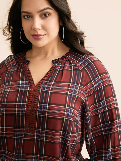 Plaid Contrast Webbing Ruffle Trim Blouse