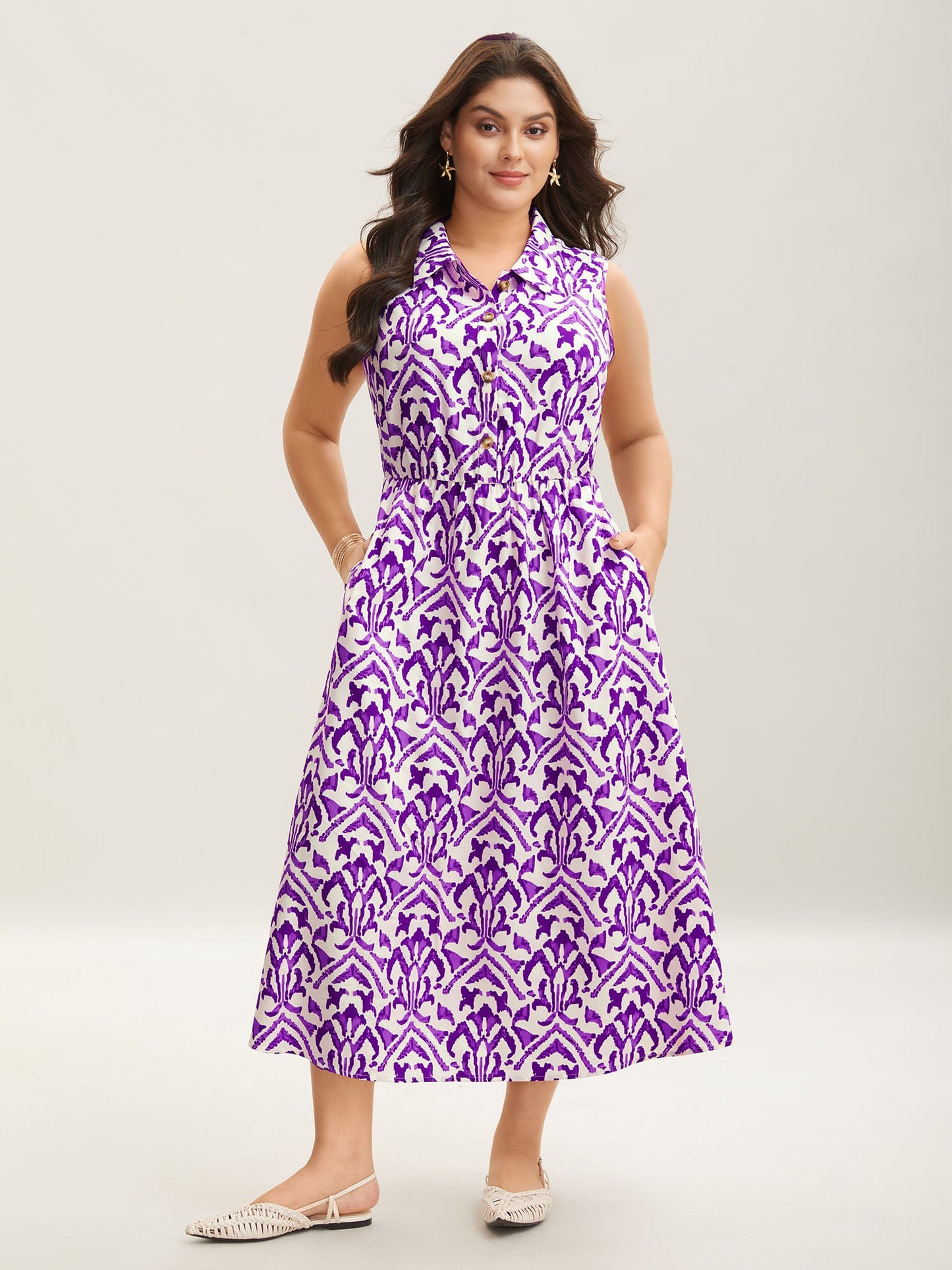 Spring Abstract Print Shirt Collar Midi Dress