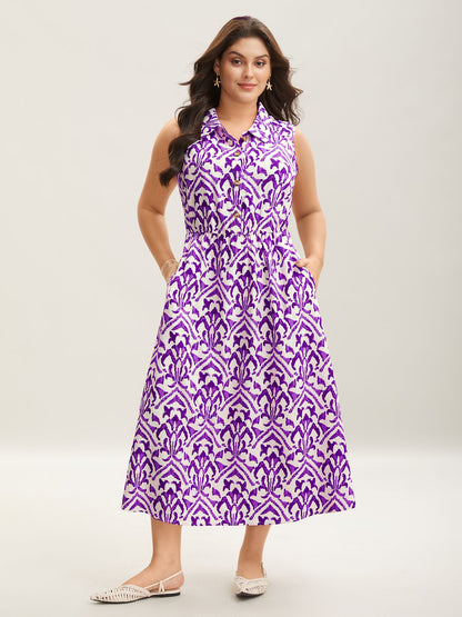 Spring Abstract Print Shirt Collar Midi Dress
