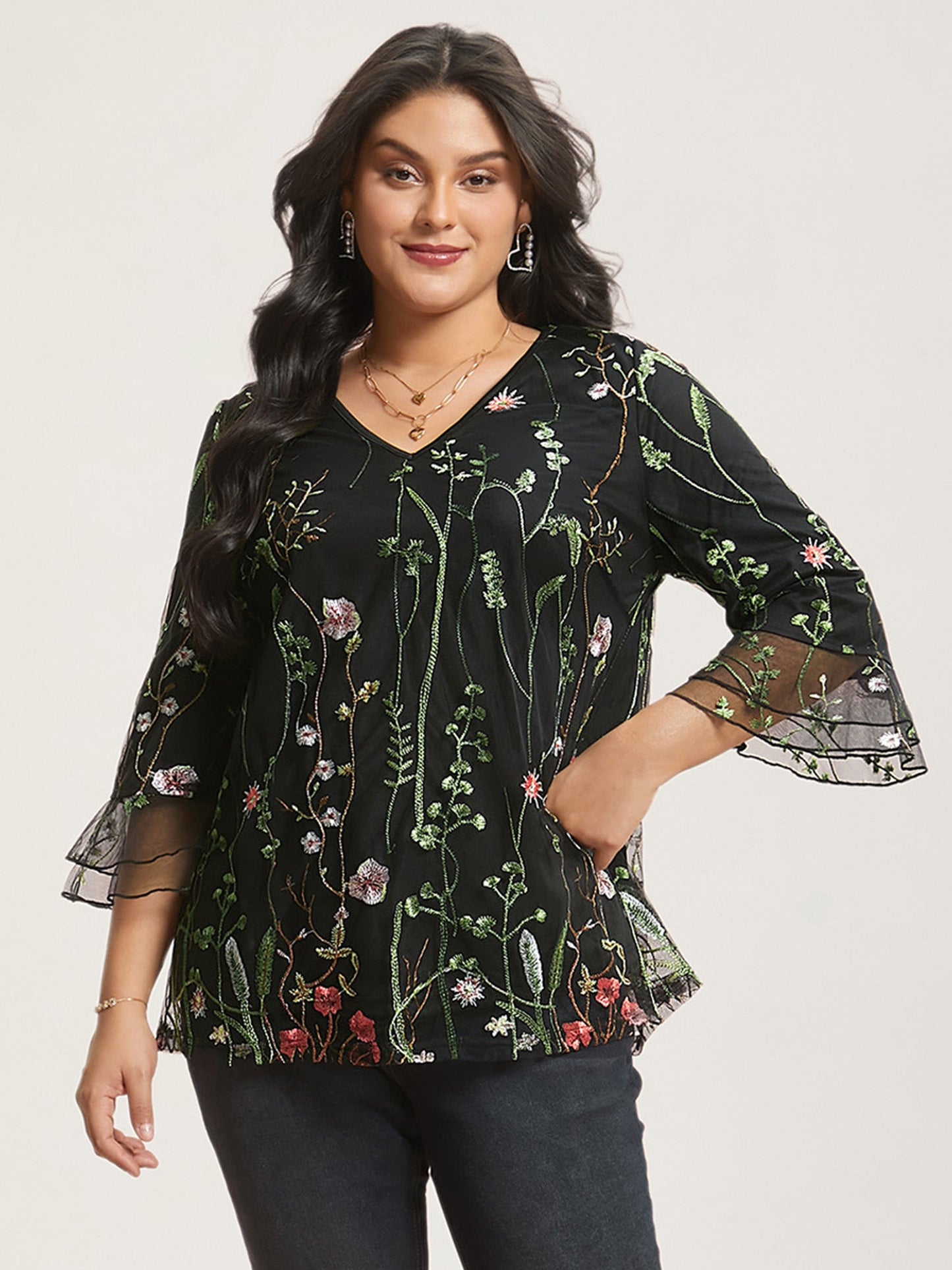 Embroidered Mesh Lotus Leaf Sleeve Blouse