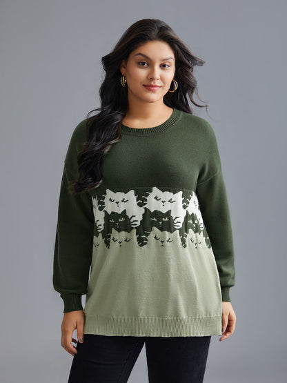 Cat Contrast Drop Shoulder Pullover