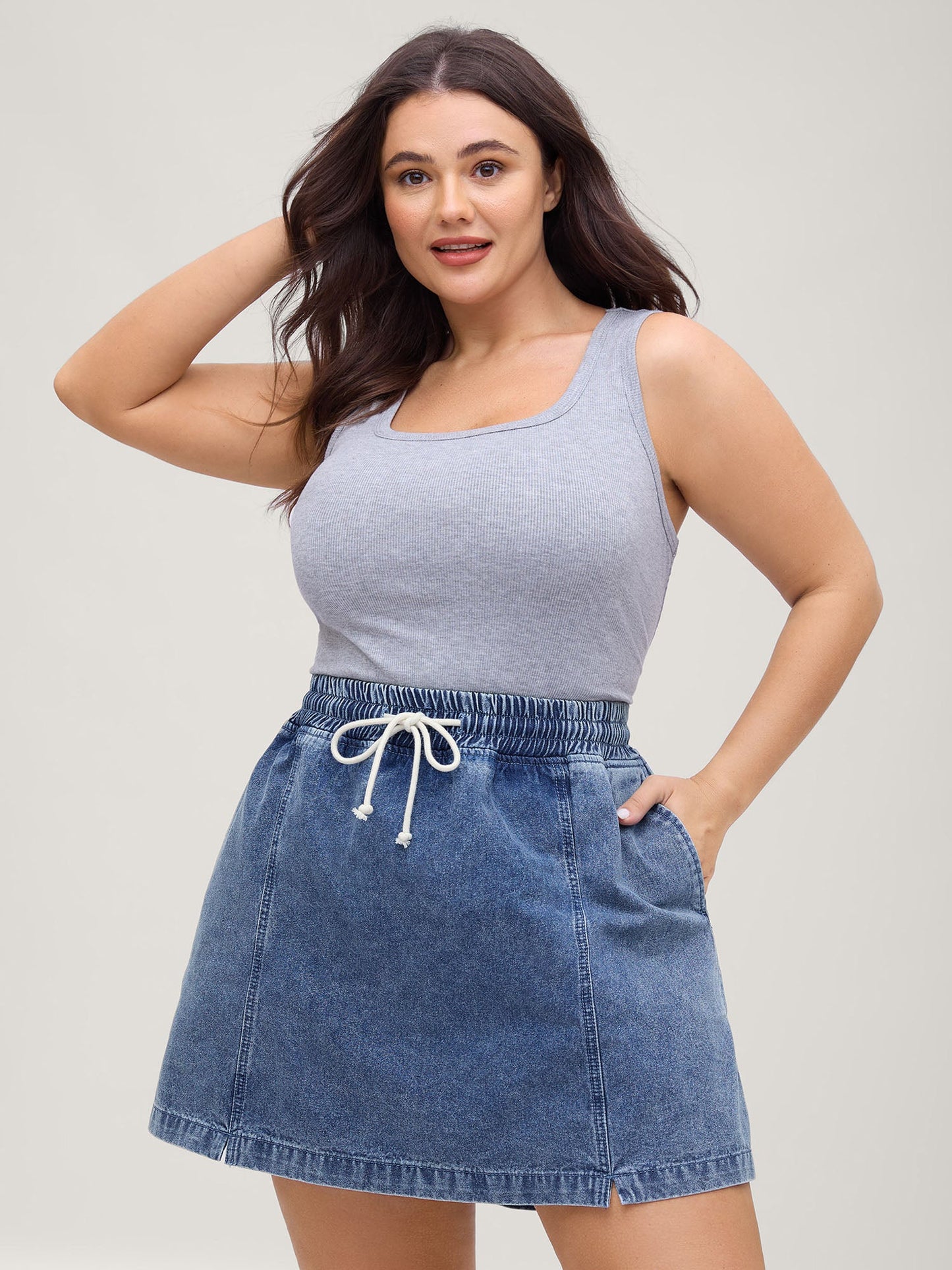 Pull-On Drawstring Denim Skort