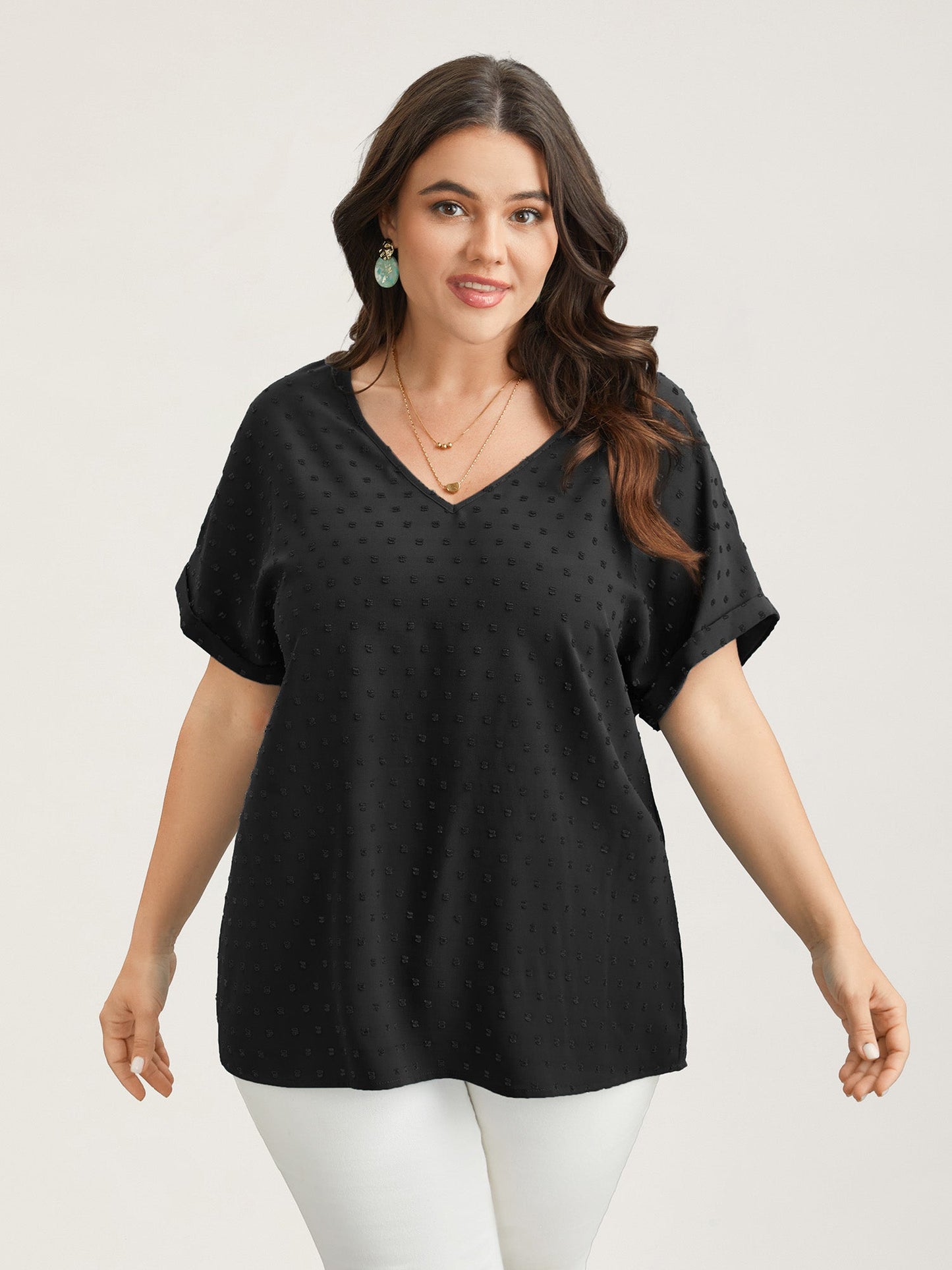 Back-Button Textured V-Neck Shirt