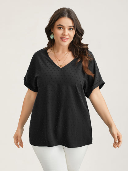 Back-Button Textured V-Neck Shirt