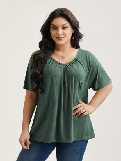 Pleated Plain Half-Sleeve Knit Top