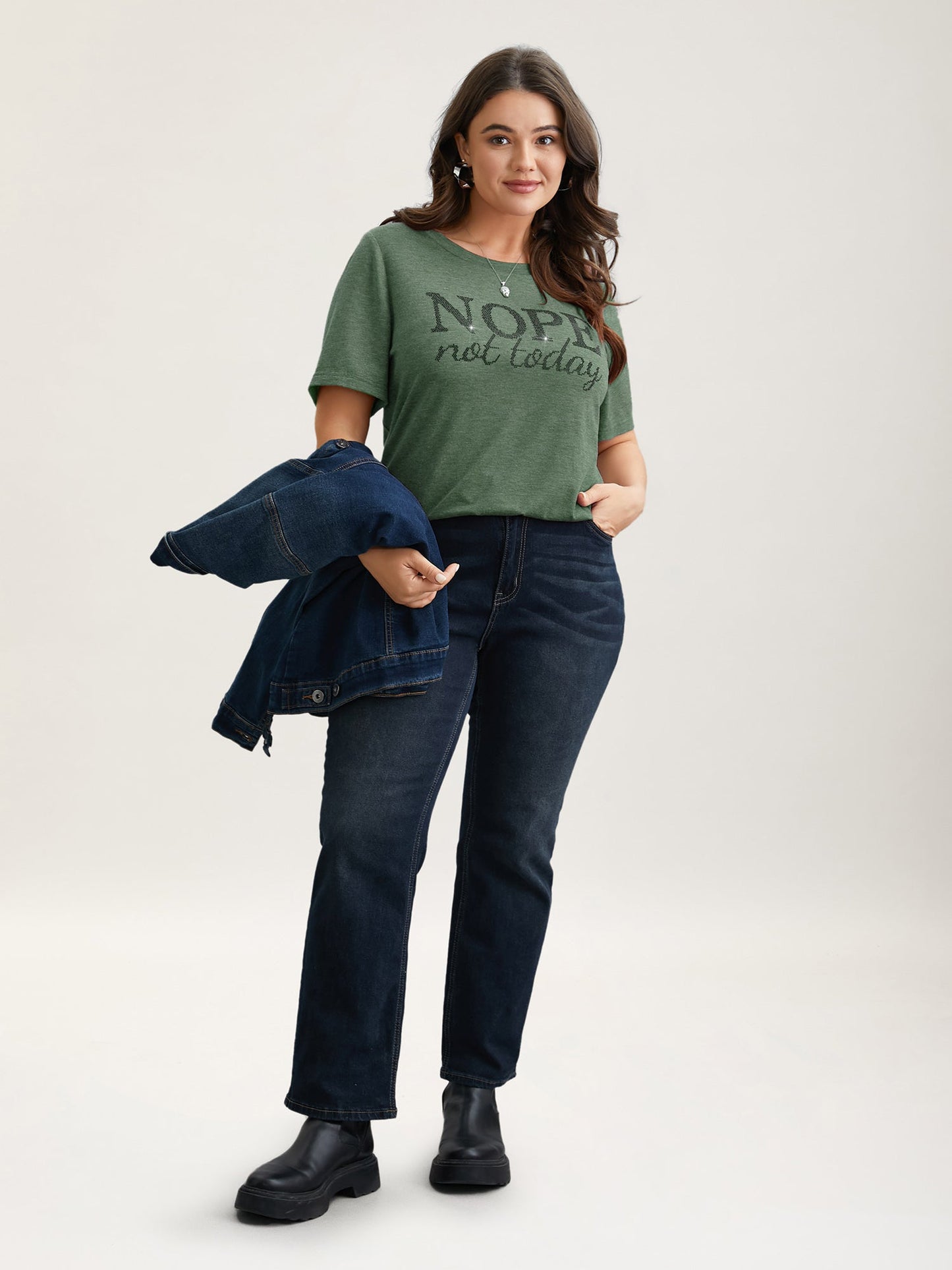 Nope Not Today Print Rhinestone Round Neck T-Shirt