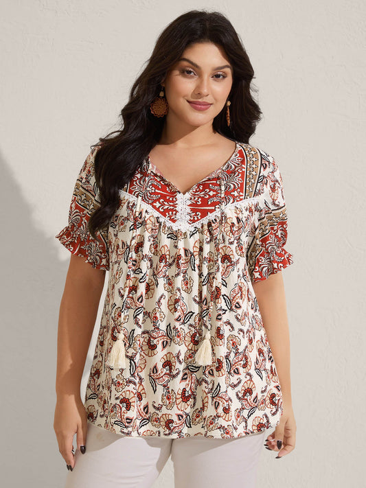 Boho Floral Print Neck Tassels Blouse