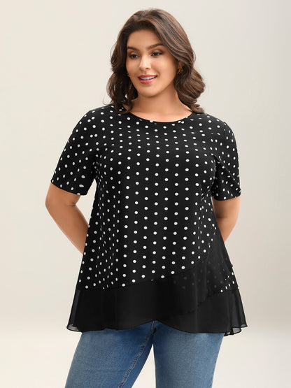 Polka Dots Spliced Ruffled Hem Shirt