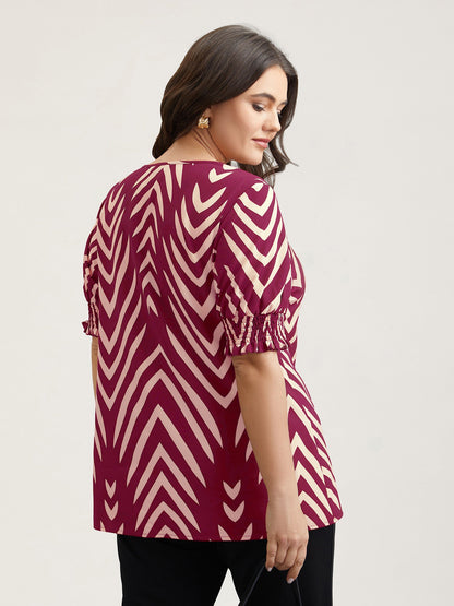 Geometric Print Ruffled Shirred Shirt