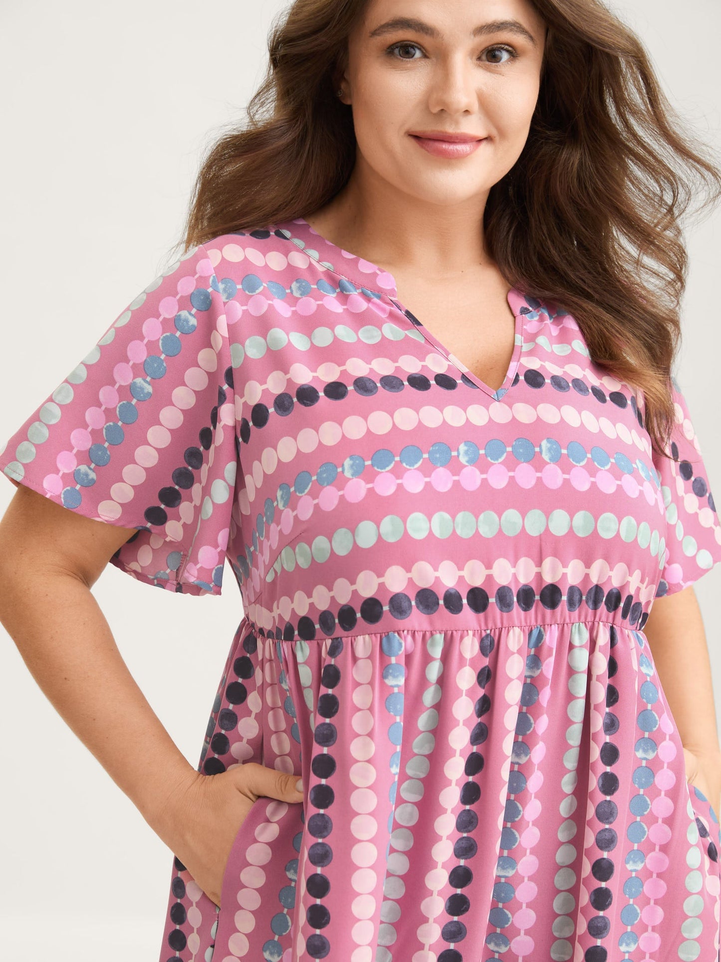 Dot Print Elastic Waist Split Neck Midi Dress