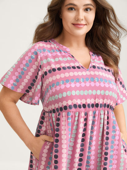 Dot Print Elastic Waist Split Neck Midi Dress