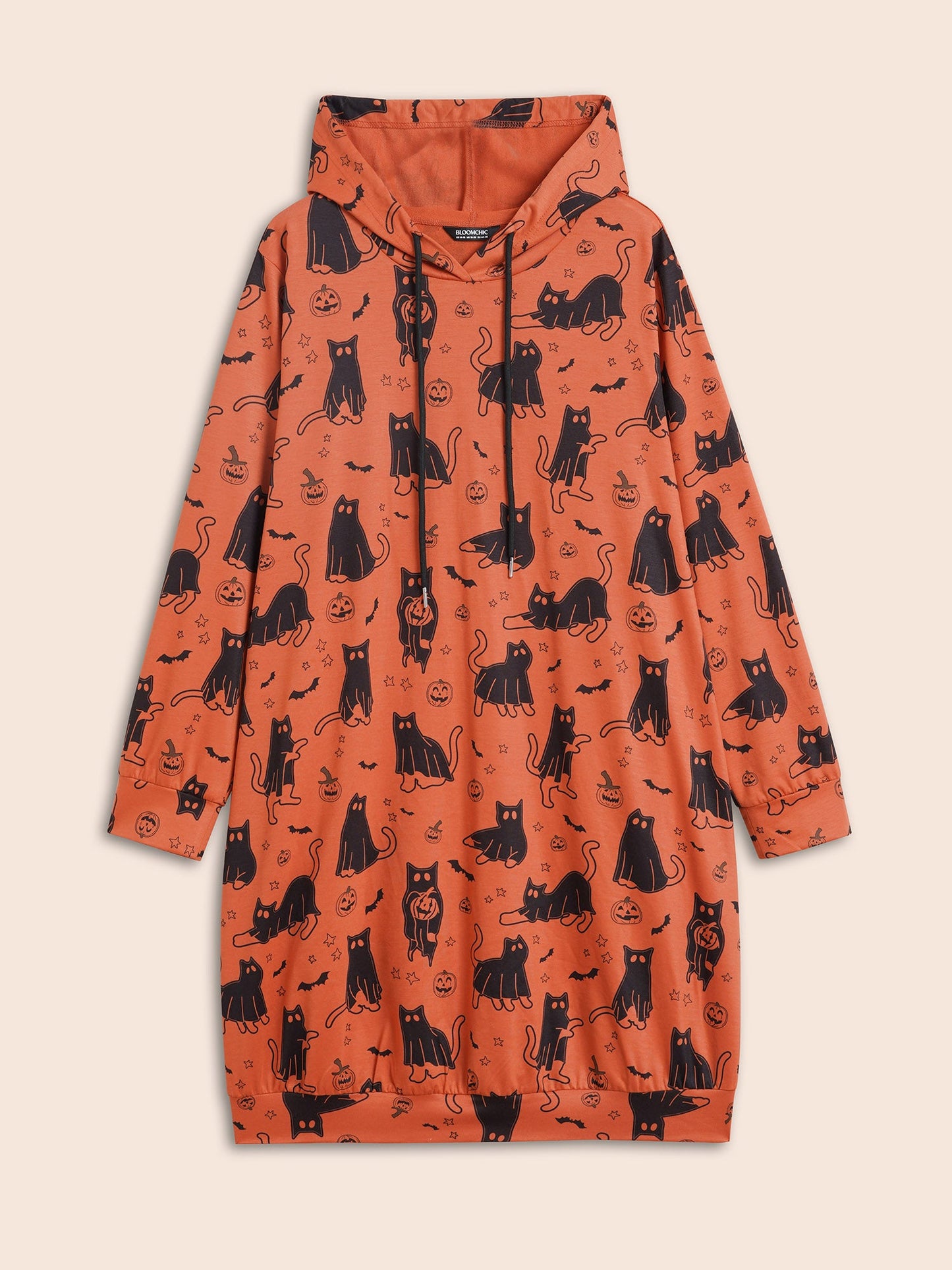 Pumpkin Cat Printed Hooded Midi Dress