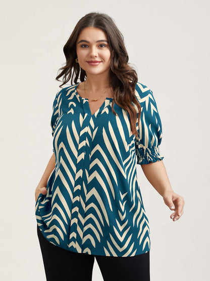 Geometric Print Ruffled Shirred Shirt