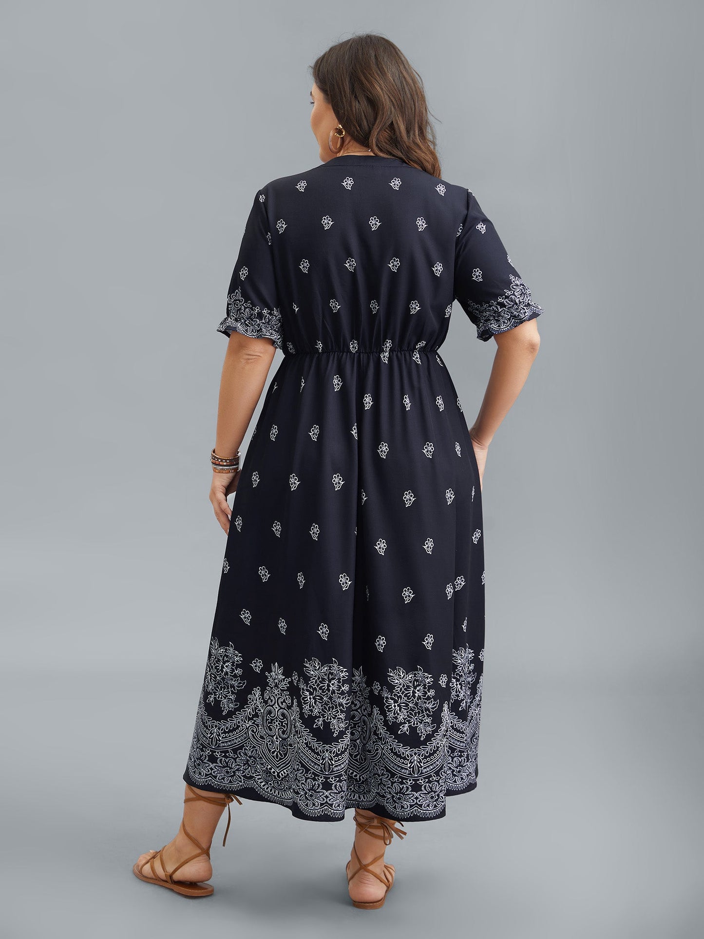 Floral Waist-Tie Notched Collar Midi Dress