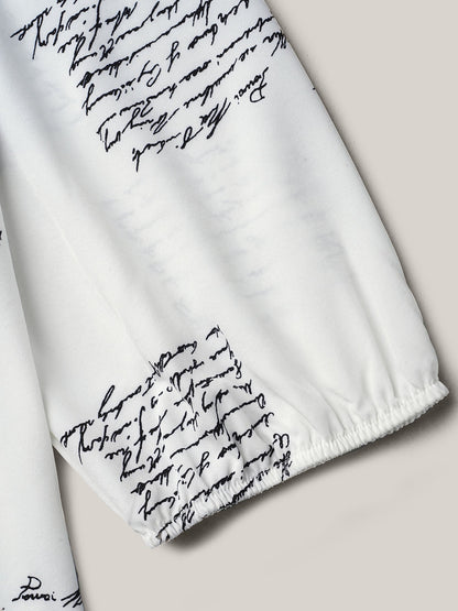 Text Pattern Ruffled Lantern Sleeve Blouse
