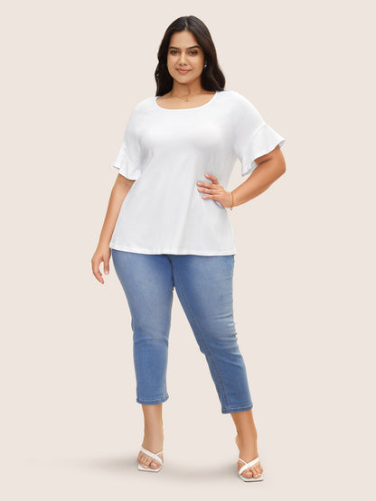 Cotton Round Neck Plain Patchwork Ruffles T-shirt