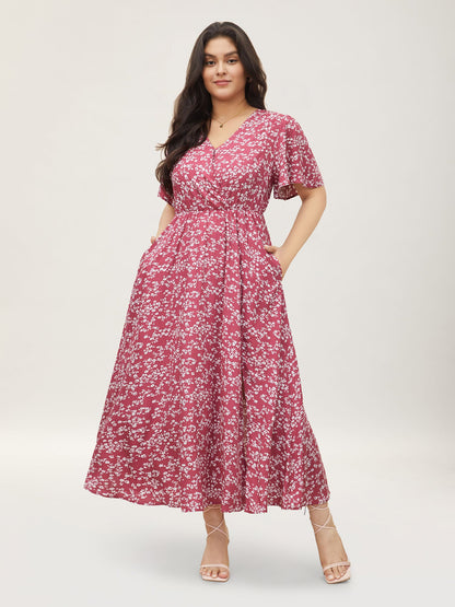 Bloom Dress - Flutter Sleeve Ditsy Floral Pocket Split Maxi Dress