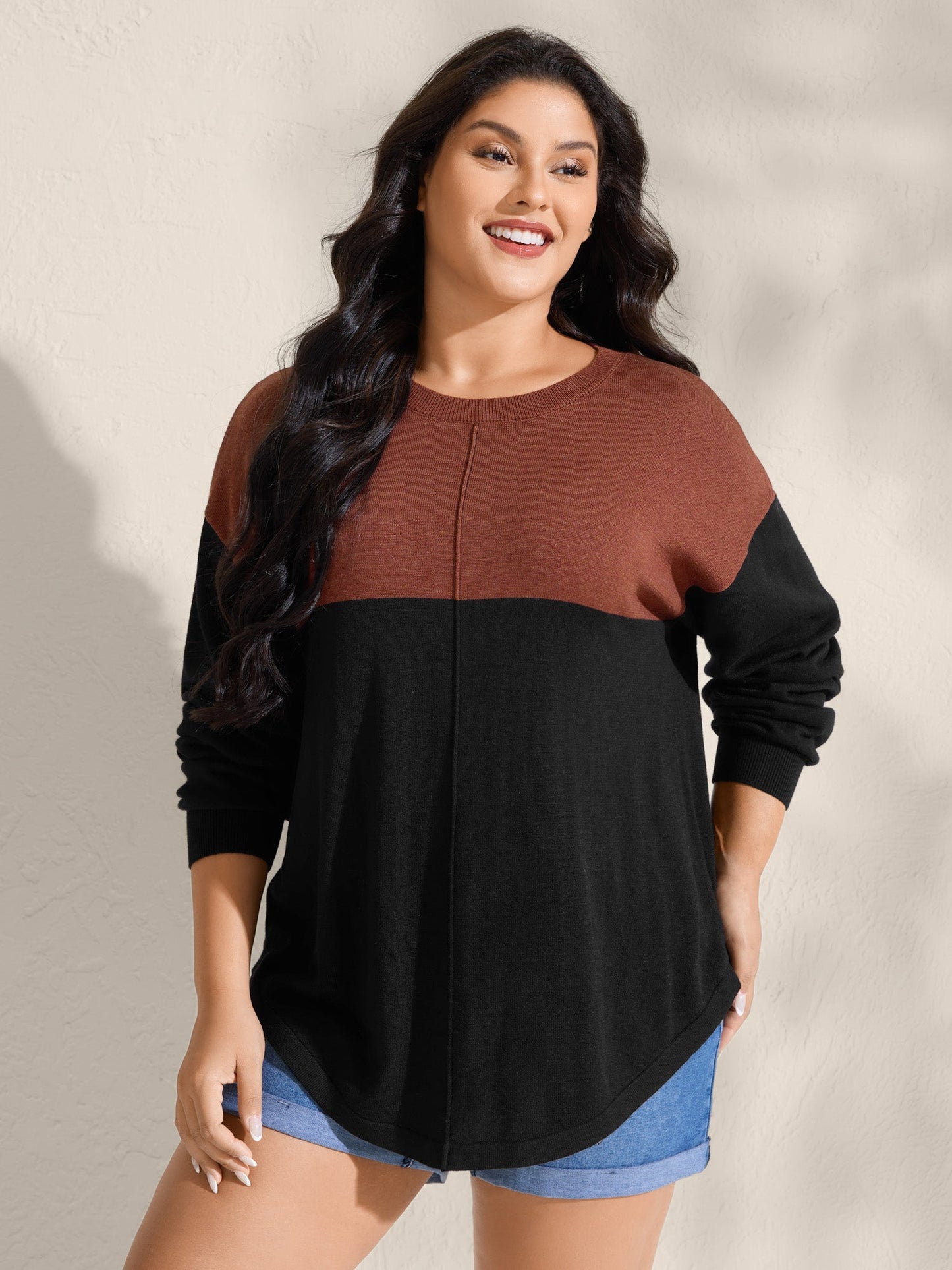 Supersoft Color Block Drop Shoulders Curvy Hem Pullover