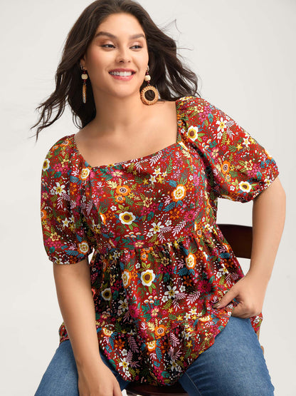 Floral Square Neck Fit and Flare Blouse
