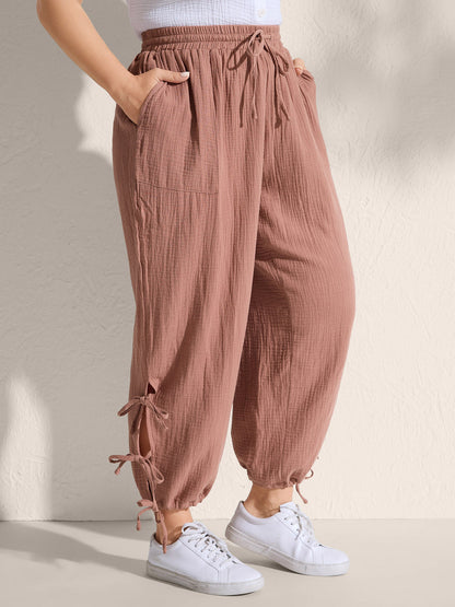 Tie-Hem Slits Cuffed Waist-Tie Pockets Pants