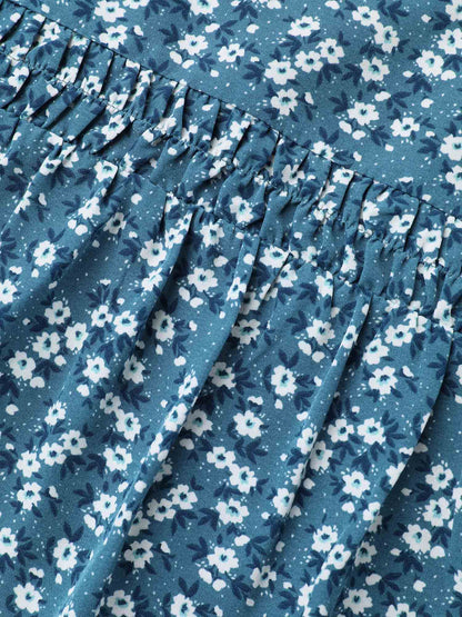 Floral Ruffle Sleeve Gathered Round Neck Blouse