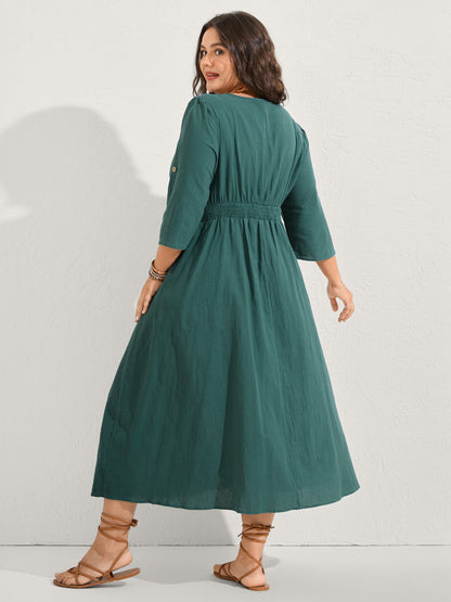 Pure Cotton Button Gathered Sleeve Midi Dress