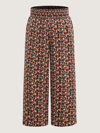 Shirred Waist Ditsy Floral Wide-Leg Pants