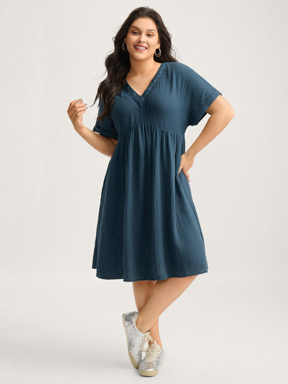 Pure Cotton Lace V-Neck Solid Midi Dress