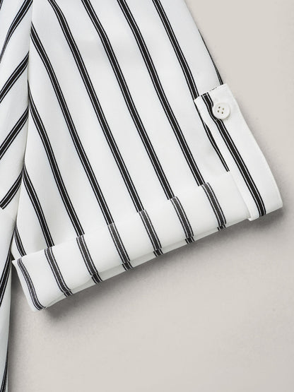 Notched Collar Striped Tab Sleeve Shirt