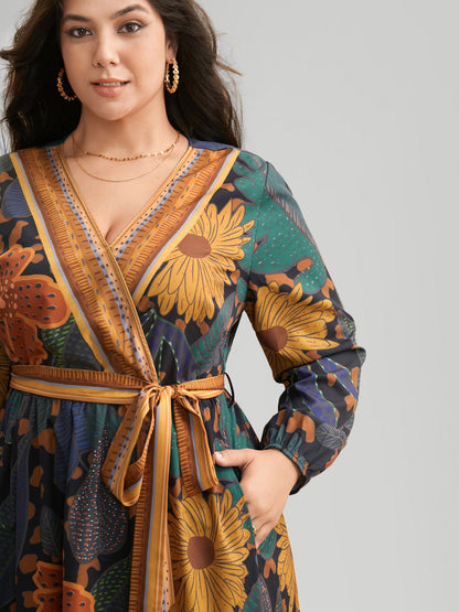 Boho Print Belted Lantern Sleeve Dress