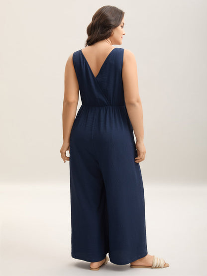 Shirred Pockets Wide-Leg Plain Jumpsuit