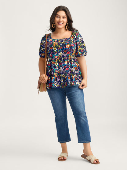 Floral Square Neck Fit and Flare Blouse