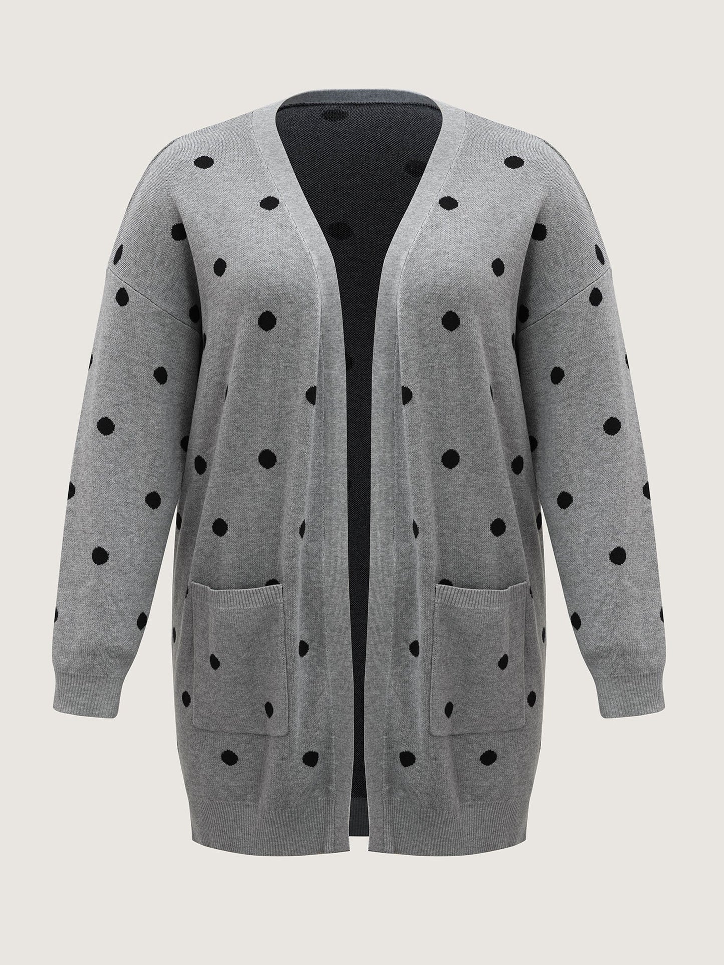 Polka Dot Kimono Collar Patch Pocket Cardigan