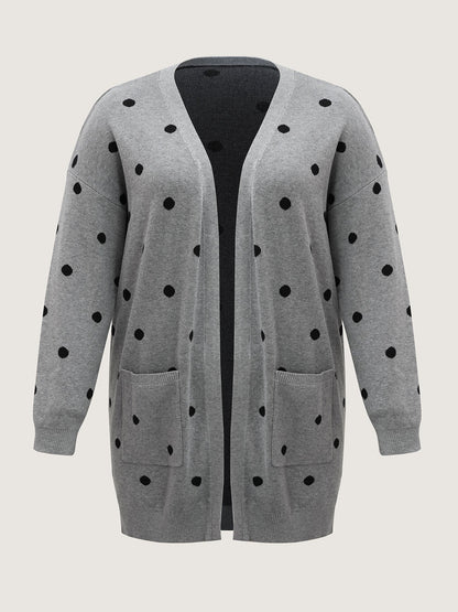 Polka Dot Kimono Collar Patch Pocket Cardigan