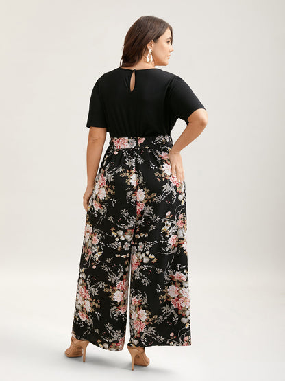 Color Contrast Belted Panel Pockets Jumpsuit