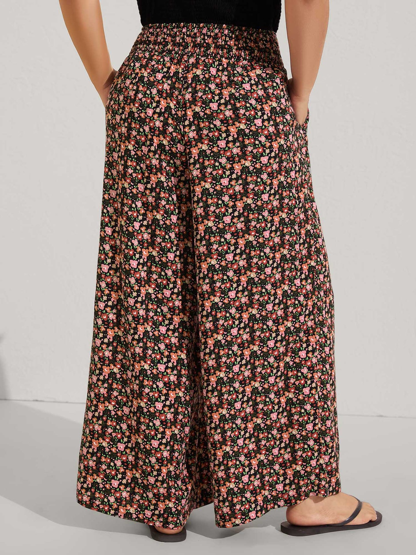 Shirred Waist Ditsy Floral Wide-Leg Pants