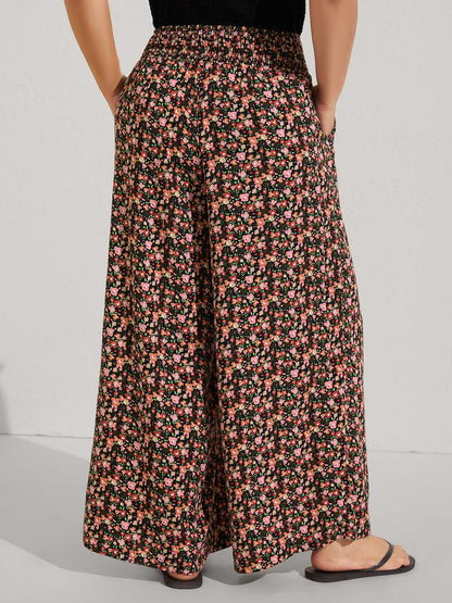 Shirred Waist Ditsy Floral Wide-Leg Pants