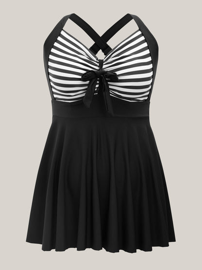 Stripes Patchwork Tie Knot Cross Straps Swim Dress