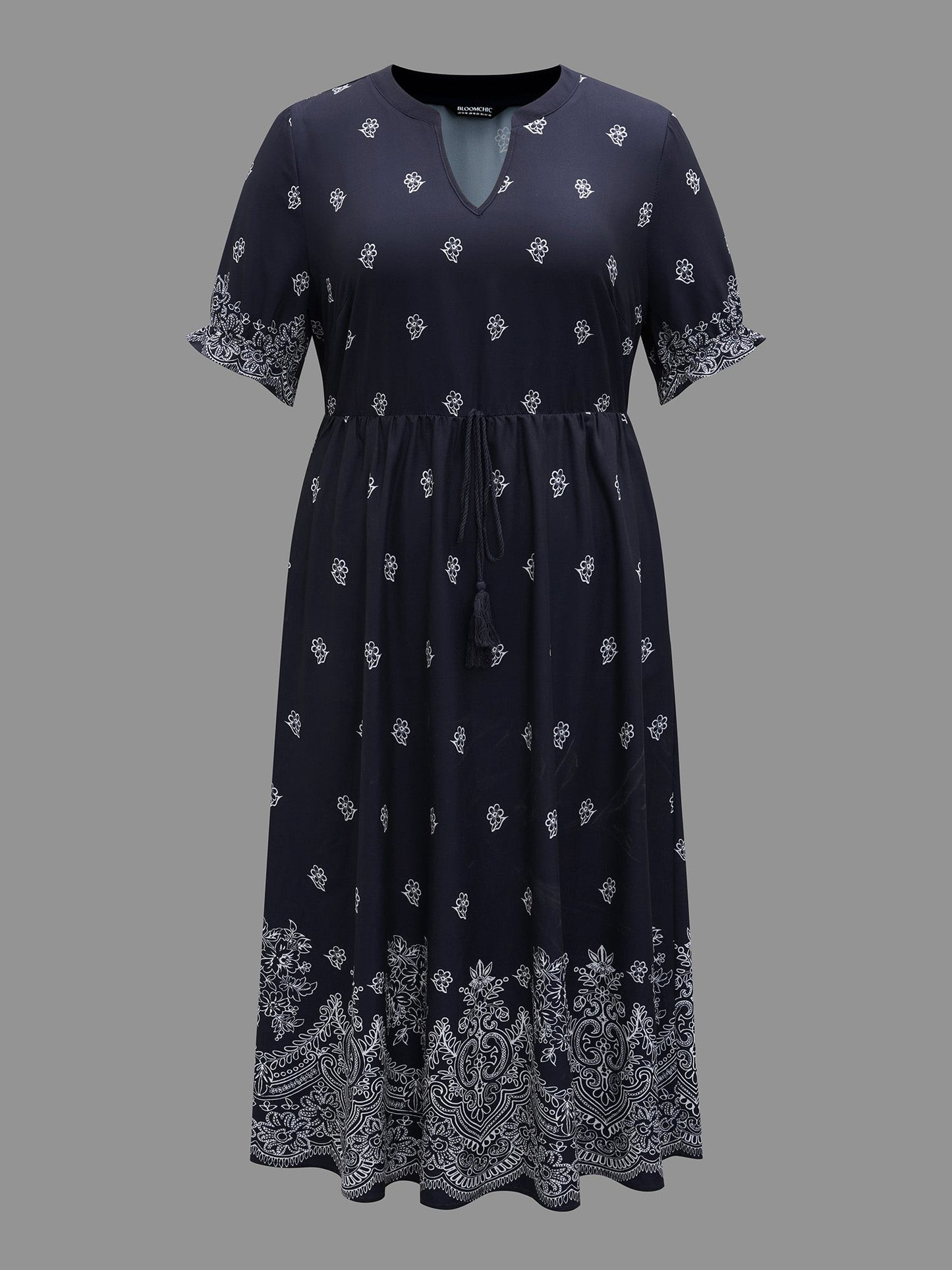 Floral Waist-Tie Notched Collar Midi Dress