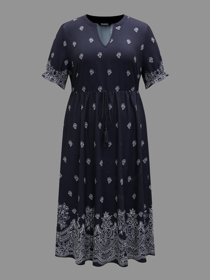 Floral Waist-Tie Notched Collar Midi Dress