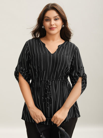 Striped Waist-Tie Pockets Blouse