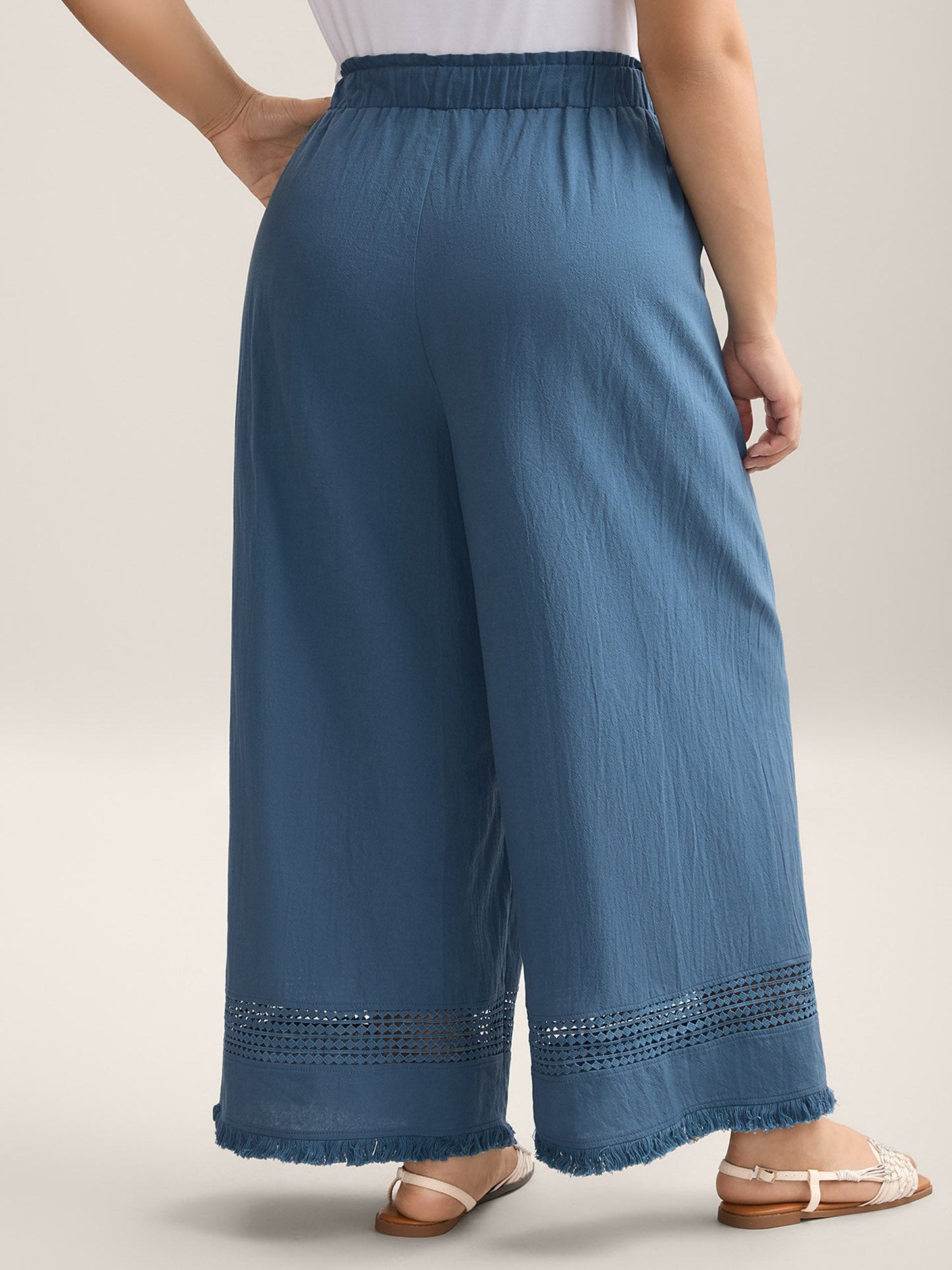Cotton Waist-Tie Lace Wide-Leg Pants