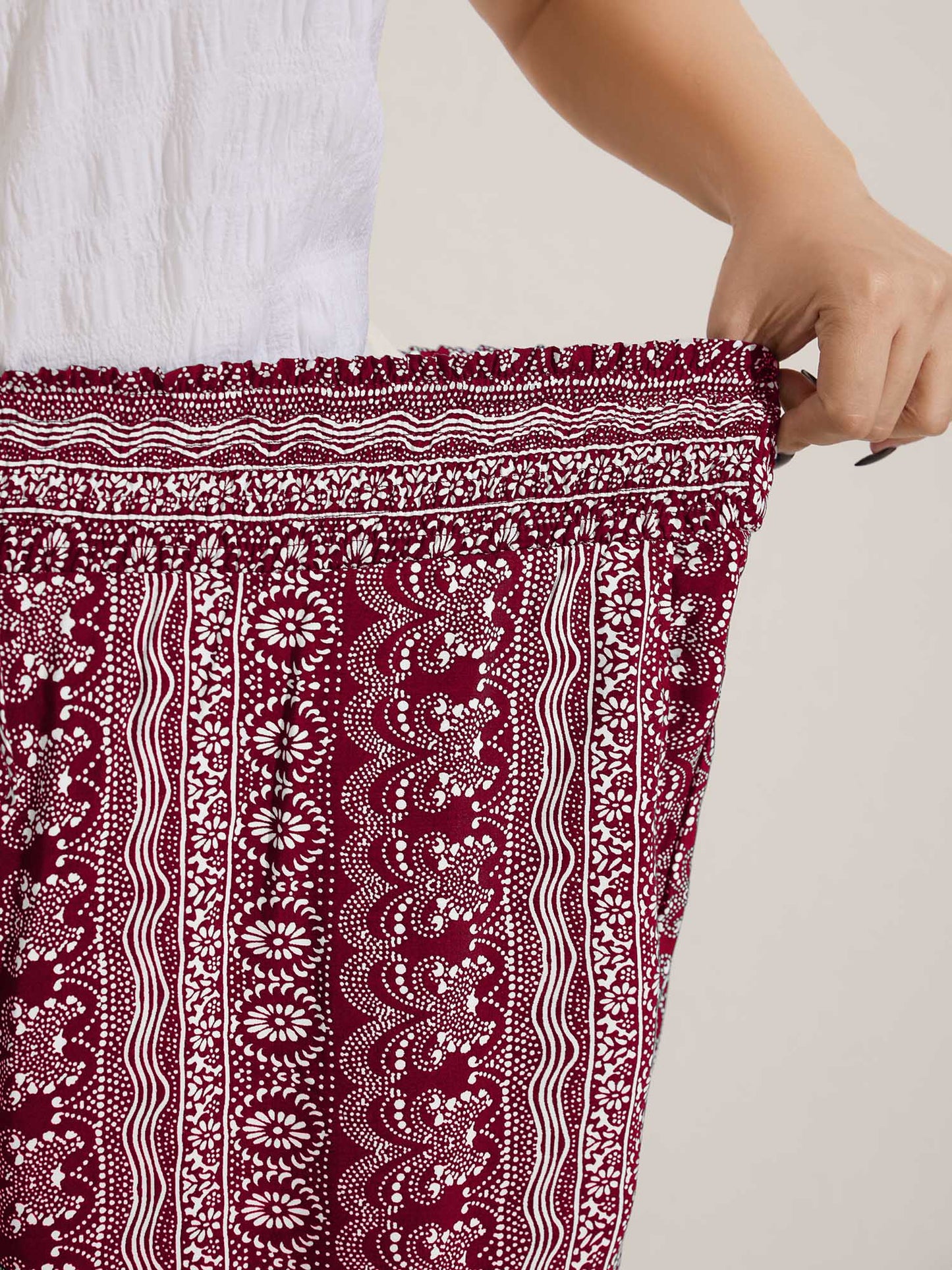 Boho Print Shirred Waist Wide-Leg Pants