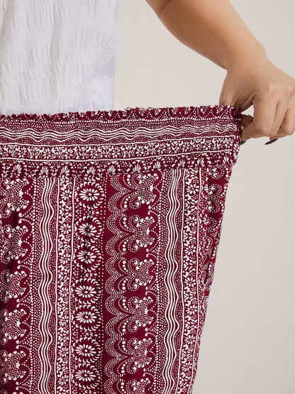 Boho Print Shirred Waist Wide-Leg Pants