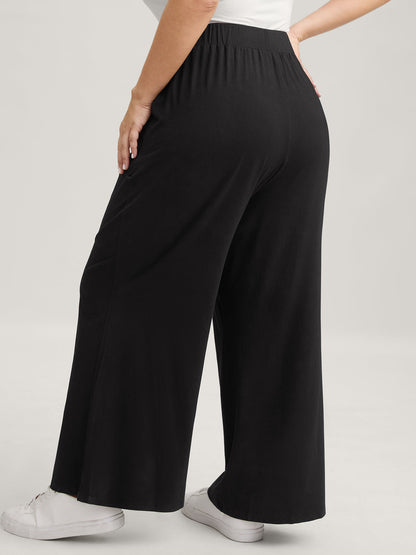 Solid Elastic Waist Wide Leg Lounge Bottoms