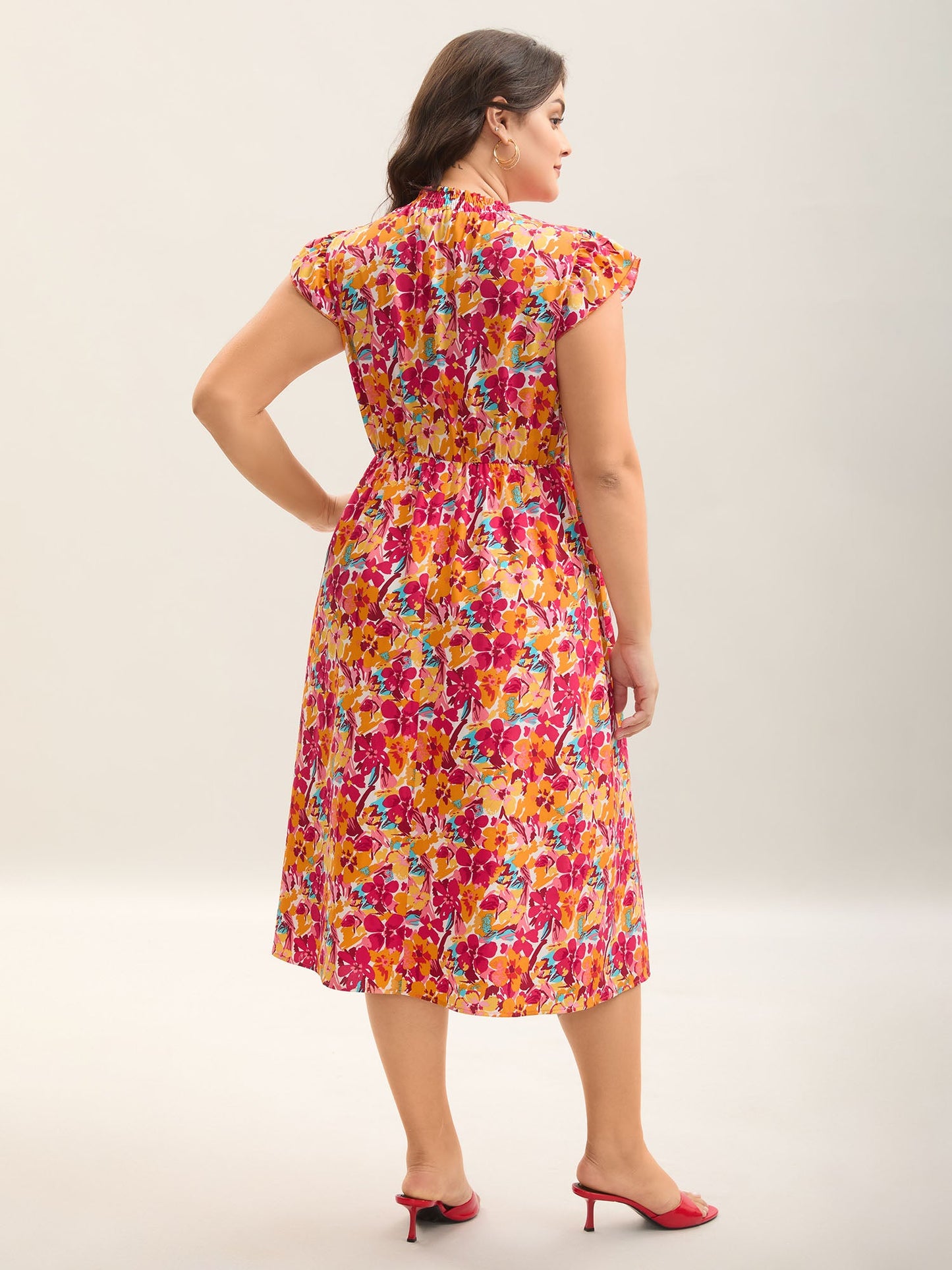 Floral Print Shirred Pockets Midi Dress