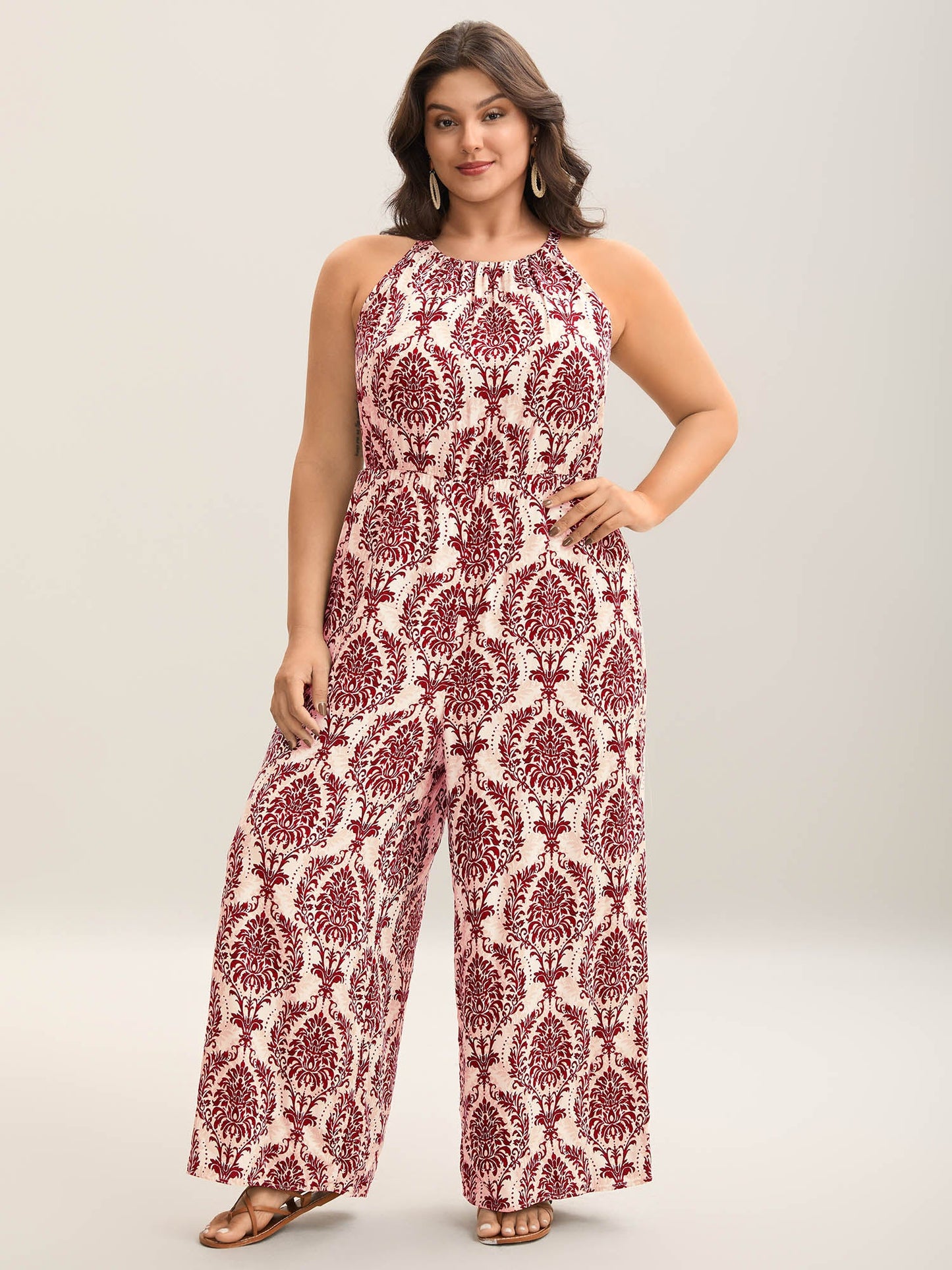 Rayon Damask Print Stretchy Waist Jumpsuit