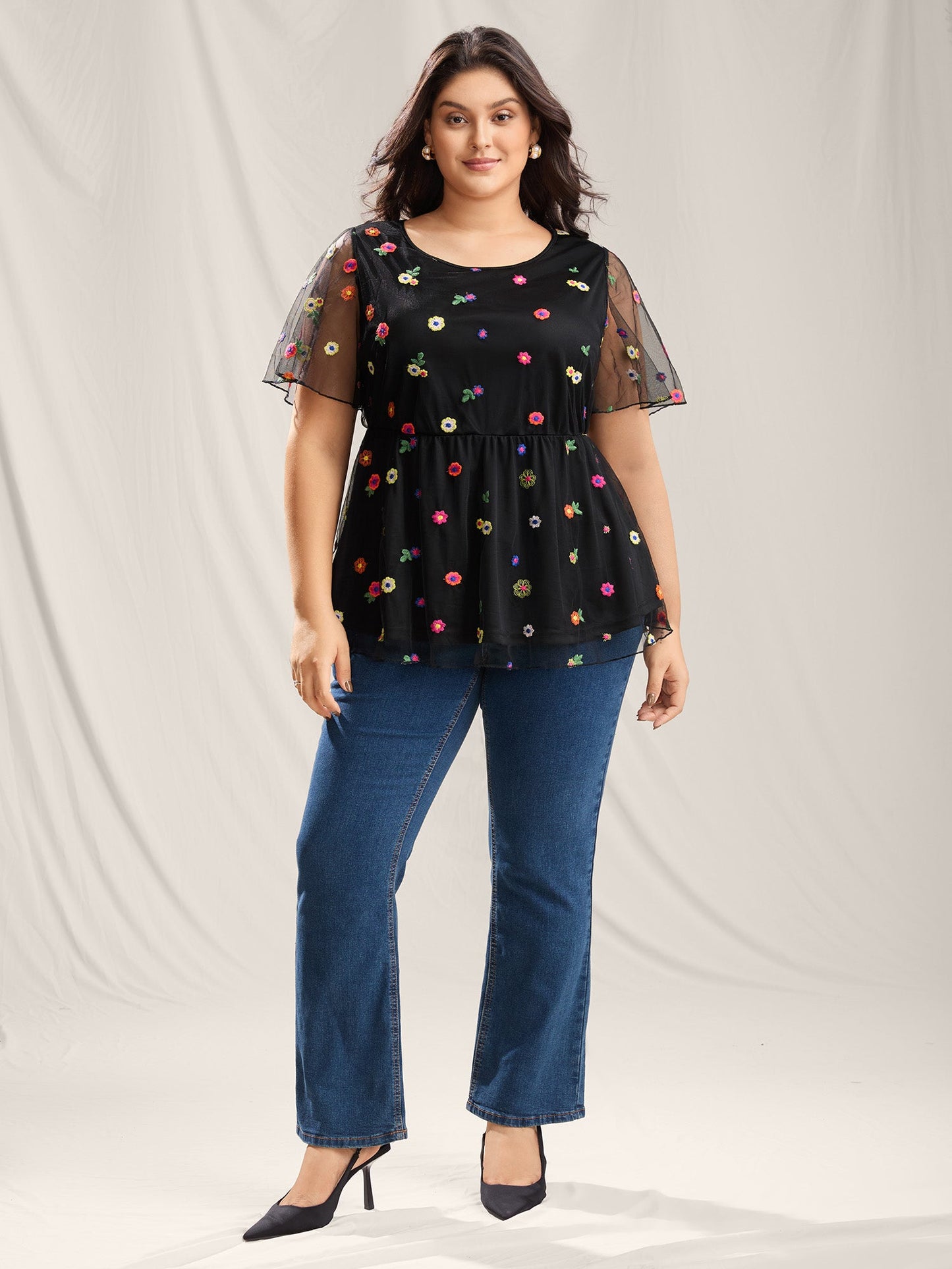 Floral Mesh Embroidery Babydoll Blouse